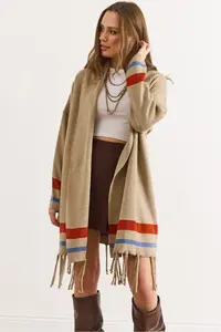 Olalook Women's Mink Fringed Slit Shawl Collar Knitwear Cardigan