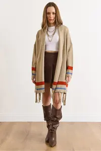 Olalook Women's Mink Fringed Slit Shawl Collar Knitwear Cardigan - Image 2