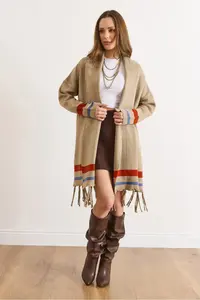 Olalook Women's Mink Fringed Slit Shawl Collar Knitwear Cardigan - Image 3