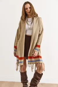 Olalook Women's Mink Fringed Slit Shawl Collar Knitwear Cardigan - Image 4