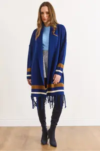 Olalook Women's Navy Blue Fringed Slit Shawl Collar Knitwear Cardigan