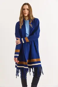 Olalook Women's Navy Blue Fringed Slit Shawl Collar Knitwear Cardigan - Image 2