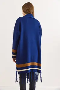 Olalook Women's Navy Blue Fringed Slit Shawl Collar Knitwear Cardigan - Image 3