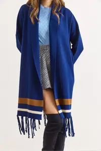 Olalook Women's Navy Blue Fringed Slit Shawl Collar Knitwear Cardigan - Image 4