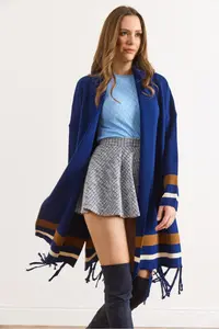 Olalook Women's Navy Blue Fringed Slit Shawl Collar Knitwear Cardigan - Image 5