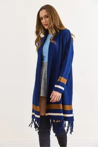 Olalook Women's Navy Blue Fringed Slit Shawl Collar Knitwear Cardigan - Image 6