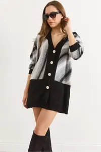 Olalook Women's Black Hooded Beard Detailed Long Buttoned Cardigan