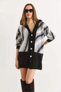 Olalook Women's Black Hooded Beard Detailed Long Buttoned Cardigan - Image 2