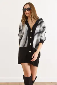 Olalook Women's Black Hooded Beard Detailed Long Buttoned Cardigan - Image 4