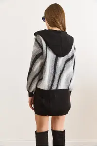 Olalook Women's Black Hooded Beard Detailed Long Buttoned Cardigan - Image 5