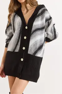 Olalook Women's Black Hooded Beard Detailed Long Buttoned Cardigan - Image 6