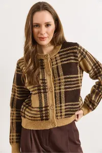 Olalook Women's Camel Crew Neck Buttoned Thick Plaid Cardigan