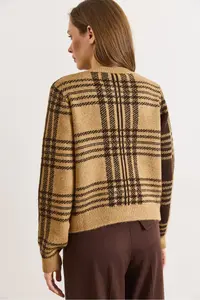 Olalook Women's Camel Crew Neck Buttoned Thick Plaid Cardigan - Image 2