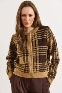 Olalook Women's Camel Crew Neck Buttoned Thick Plaid Cardigan - Image 3