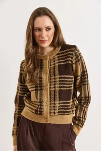 Olalook Women's Camel Crew Neck Buttoned Thick Plaid Cardigan - Image 4