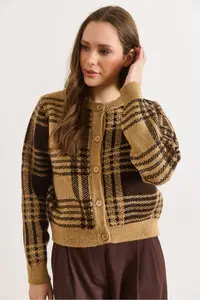 Olalook Women's Camel Crew Neck Buttoned Thick Plaid Cardigan - Image 5