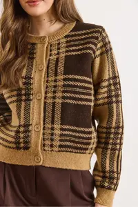 Olalook Women's Camel Crew Neck Buttoned Thick Plaid Cardigan - Image 6