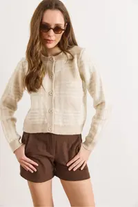 Olalook Women's Stone Crew Neck Buttoned Thick Plaid Cardigan - Image 2