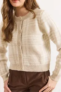 Olalook Women's Stone Crew Neck Buttoned Thick Plaid Cardigan - Image 3