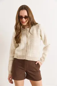 Olalook Women's Stone Crew Neck Buttoned Thick Plaid Cardigan - Image 4