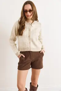 Olalook Women's Stone Crew Neck Buttoned Thick Plaid Cardigan - Image 5