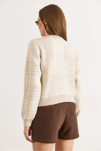 Olalook Women's Stone Crew Neck Buttoned Thick Plaid Cardigan - Image 6