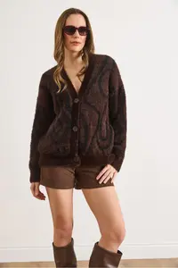 Olalook Women's Bitter Brown Buttoned Zebra Soft Textured Beard Cardigan - Image 2