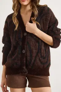 Olalook Women's Bitter Brown Buttoned Zebra Soft Textured Beard Cardigan - Image 3