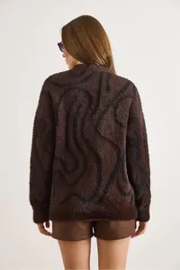 Olalook Women's Bitter Brown Buttoned Zebra Soft Textured Beard Cardigan - Image 4