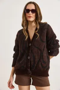 Olalook Women's Bitter Brown Buttoned Zebra Soft Textured Beard Cardigan - Image 5