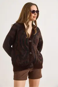 Olalook Women's Bitter Brown Buttoned Zebra Soft Textured Beard Cardigan - Image 6