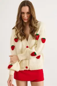 Olalook Women's Ecru Strawberry Garnish Soft Textured Knitwear Cardigan