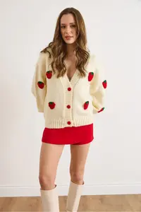 Olalook Women's Ecru Strawberry Garnish Soft Textured Knitwear Cardigan - Image 2