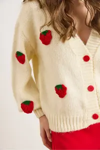 Olalook Women's Ecru Strawberry Garnish Soft Textured Knitwear Cardigan - Image 3
