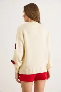 Olalook Women's Ecru Strawberry Garnish Soft Textured Knitwear Cardigan - Image 4