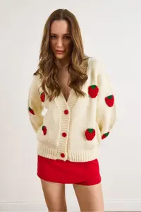 Olalook Women's Ecru Strawberry Garnish Soft Textured Knitwear Cardigan - Image 5
