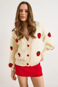 Olalook Women's Ecru Strawberry Garnish Soft Textured Knitwear Cardigan - Image 6