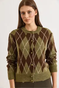 Olalook Women's Green Coffee Button Coated Baklava Soft Textured Knitwear Cardigan