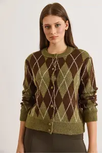 Olalook Women's Green Coffee Button Coated Baklava Soft Textured Knitwear Cardigan - Image 2