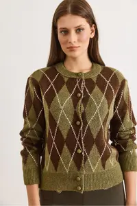Olalook Women's Green Coffee Button Coated Baklava Soft Textured Knitwear Cardigan - Image 3