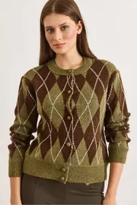 Olalook Women's Green Coffee Button Coated Baklava Soft Textured Knitwear Cardigan - Image 4