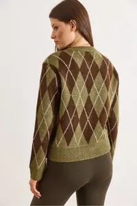 Olalook Women's Green Coffee Button Coated Baklava Soft Textured Knitwear Cardigan - Image 5