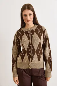 Olalook Women's Stone Coffee Button Coated Baklava Soft Textured Knitwear Cardigan - Image 2