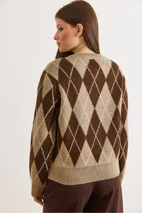 Olalook Women's Stone Coffee Button Coated Baklava Soft Textured Knitwear Cardigan - Image 3