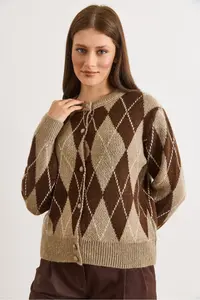 Olalook Women's Stone Coffee Button Coated Baklava Soft Textured Knitwear Cardigan - Image 4