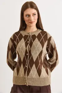 Olalook Women's Stone Coffee Button Coated Baklava Soft Textured Knitwear Cardigan - Image 5