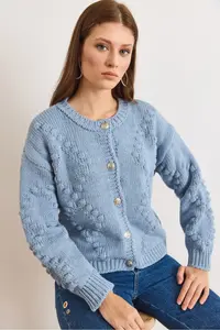 Olalook Women's Blue Embossed Knitted Soft Textured Thick Knitwear Cardigan