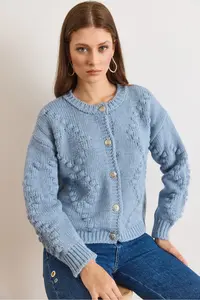 Olalook Women's Blue Embossed Knitted Soft Textured Thick Knitwear Cardigan - Image 2