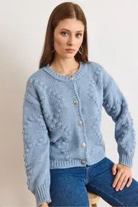 Olalook Women's Blue Embossed Knitted Soft Textured Thick Knitwear Cardigan - Image 3