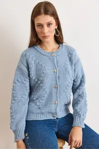 Olalook Women's Blue Embossed Knitted Soft Textured Thick Knitwear Cardigan - Image 4